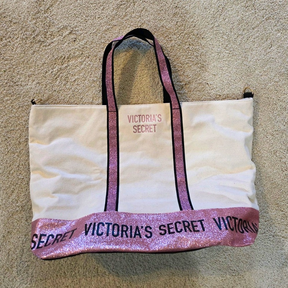Victoria's Secret Ivory Tote Bag Pink Glitter Logo Zip Top Lined Black Handles